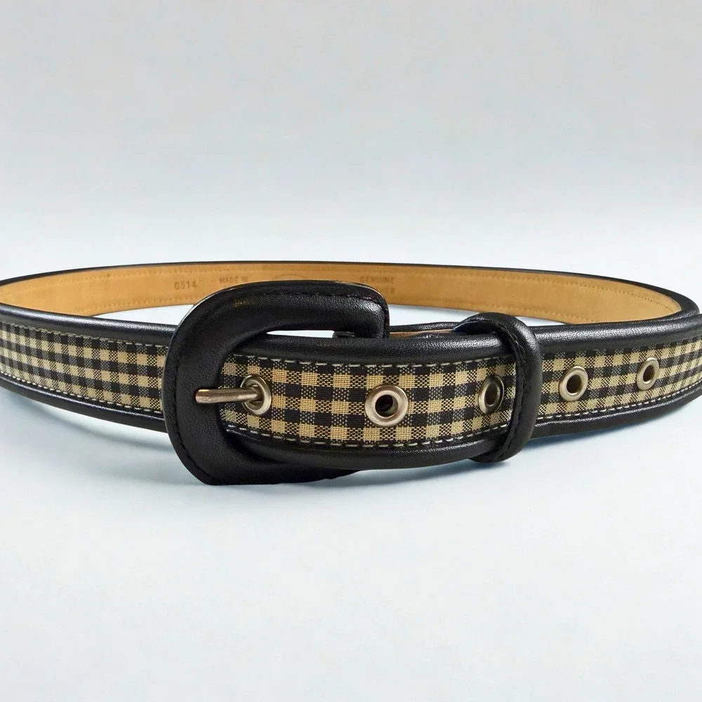 Vtg Talbots Gingham Check Belt Womens M Black Tan Genuine Leather Trim Preppy